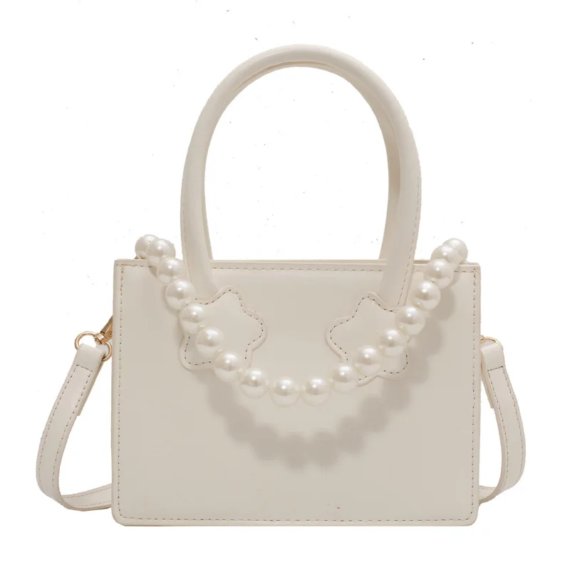 

New Korean Version Of Pearl Decoration Belt Shoulder Bag Fashion Messenger Bag Solid Color Soft Surface Portable Square Bag