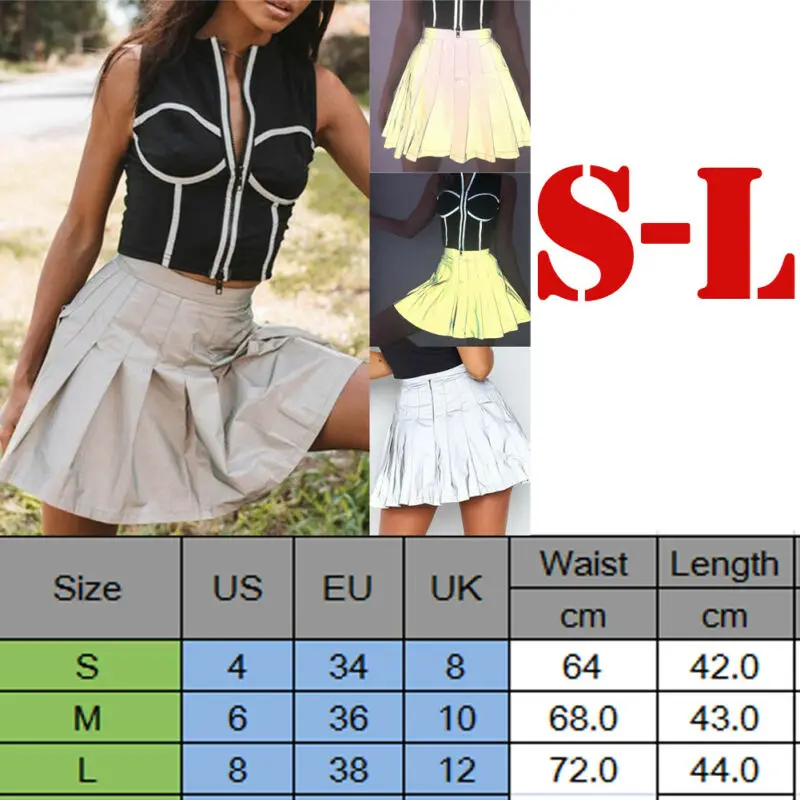 

Women High Waist Reflective Pleated Skirt School Girl Plaid A-Line Flare Skater Short Mini Skirt Nightclub Sexy Wear