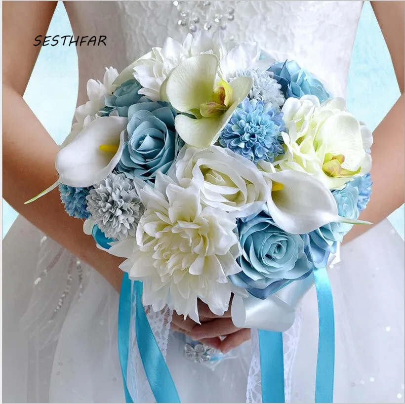 

Artificial Blue White Bridal Bouquets Wedding Flowers Simulation Succulents Bouquet Bridesmaid Holding Flower SPH053