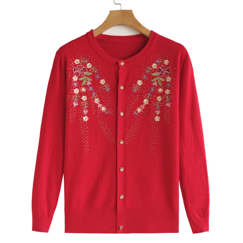 

Женский вязаный свитер JCHB с вышивкой, Осенний вязаный кардиган большого размера для пожилых женщин, женский однобортный свитер, куртка для ...