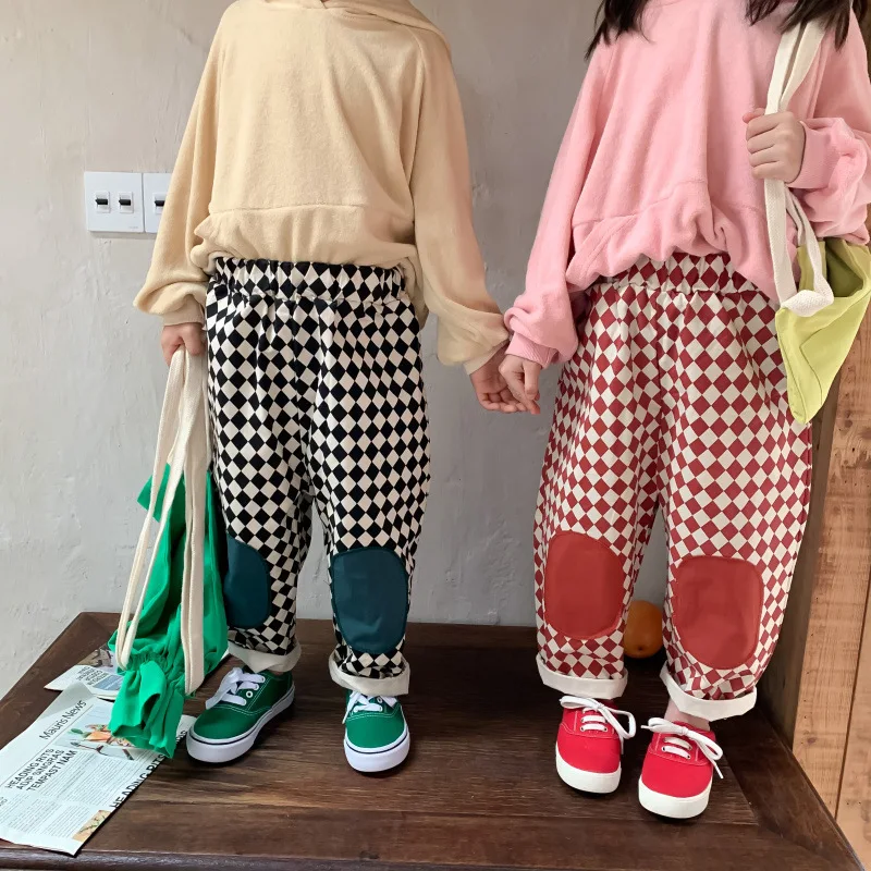 

Children's Pants 2021 Autumn New Korean Version Boys' and Girls' Rhomboid Plaid Patch Pants Children's Loose Pants Boys Clothes