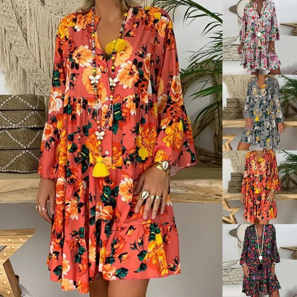 

Women Summer Dresses Flower Print Ruffled Ladies V Neck Long Sleeve Buttons Plus Size Mini Dress