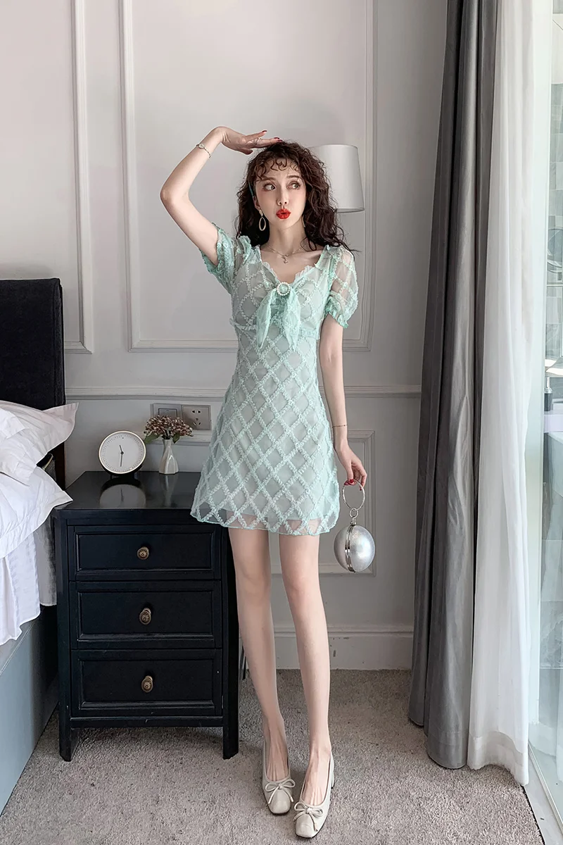 

COIGARSAM Women one-piece dress korean Summer Sequins Mesh Dresses Light Blue 2326