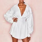 Женское мини-платье-рубашка с длинным рукавом и глубоким V-образным вырезом