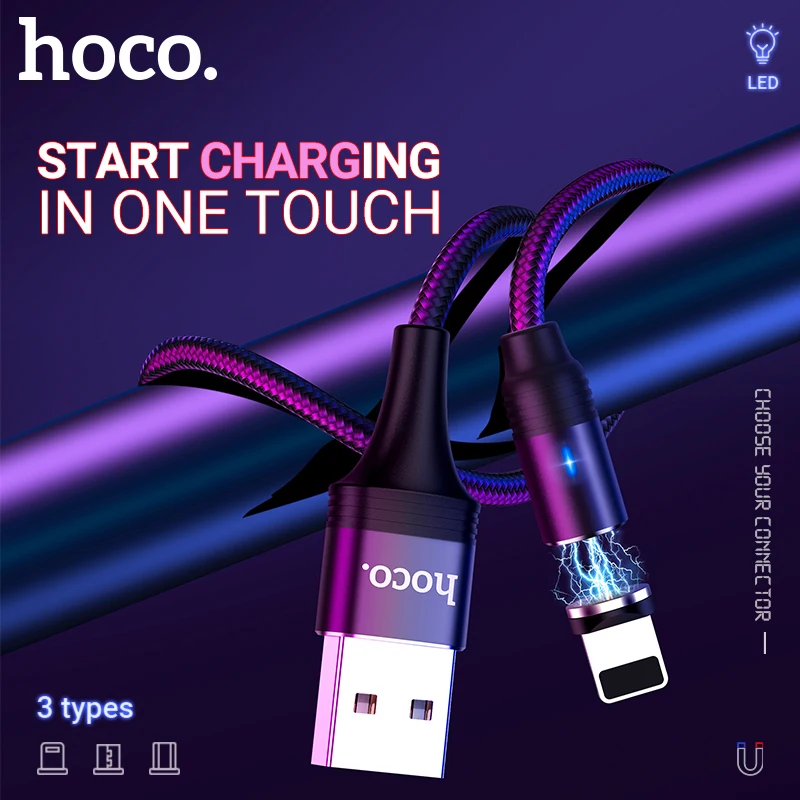 

hoco magnetic usb cable for lightning micro usb type c usb c fast charging 2A nylon magnet wire with indicator dust plug cord