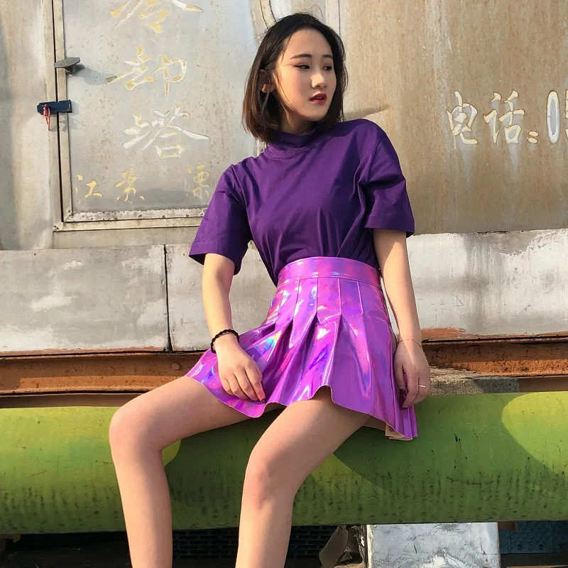

Japanese Girl Harajuku Style Laser Shiny Fluorescent Color Pleated Skirt High Waist Skirt PU Leather Short Skirt
