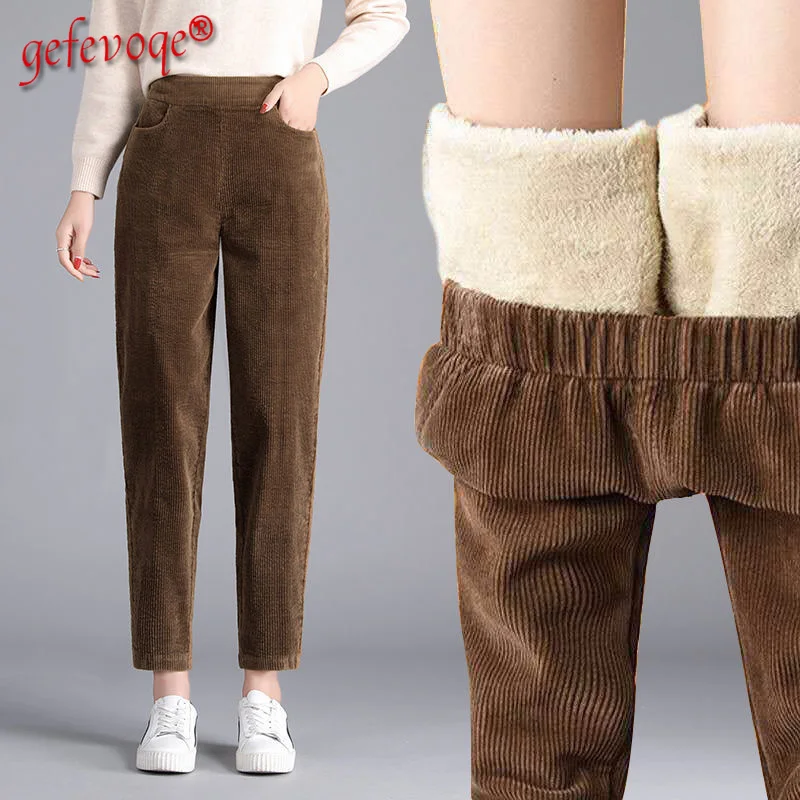 

Women's Plus Velvet Warm Corduroy Long Pant Autumn Winter Casual Solid High Waist Loose Trousers Vintage Streetwear Harem Pants