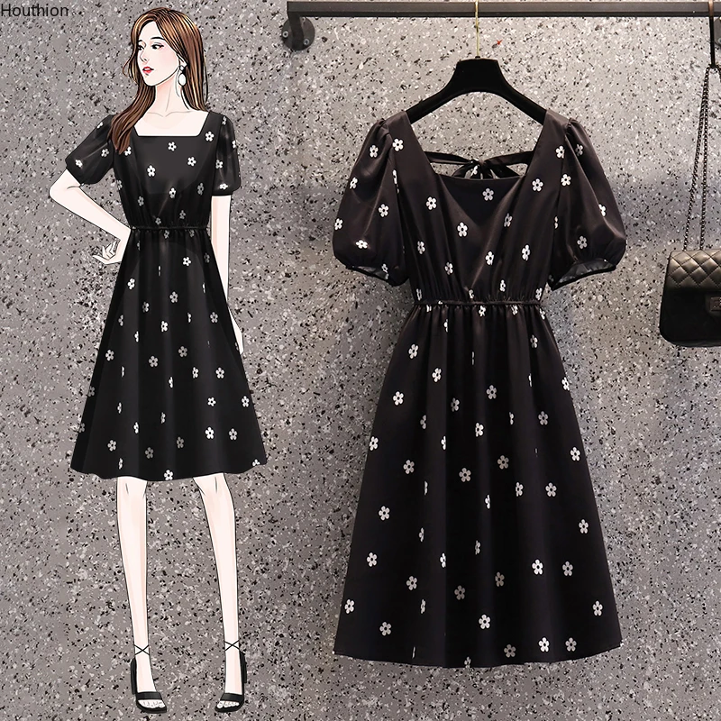 

Houthion Women's Dress Embroidery Flowers Short Sleeve Square Collar Fashion Dresses 2021 Summer Korean Casual New Plus Size