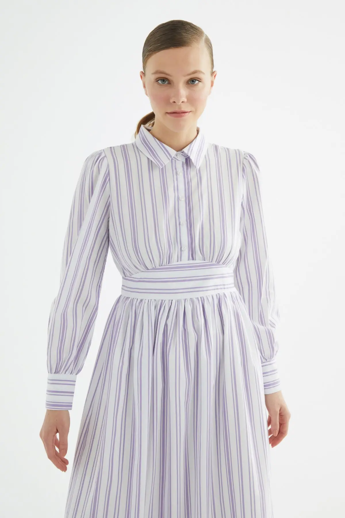 

Lilac Collar Striped Dress Belt Detail Fashion Muslim Women Hijab Dress