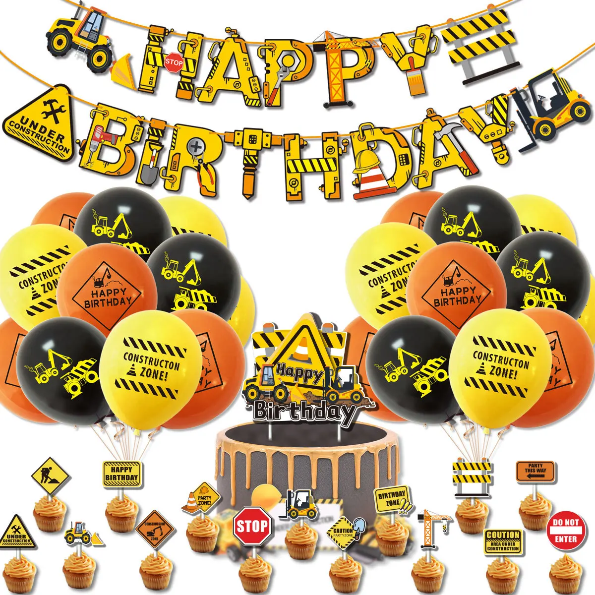 

Construction Truck Theme Ballon Bulldozer Birthday Banner Cake Topper Excavator Balloon Happy Birthday Party Decor Kid Favor