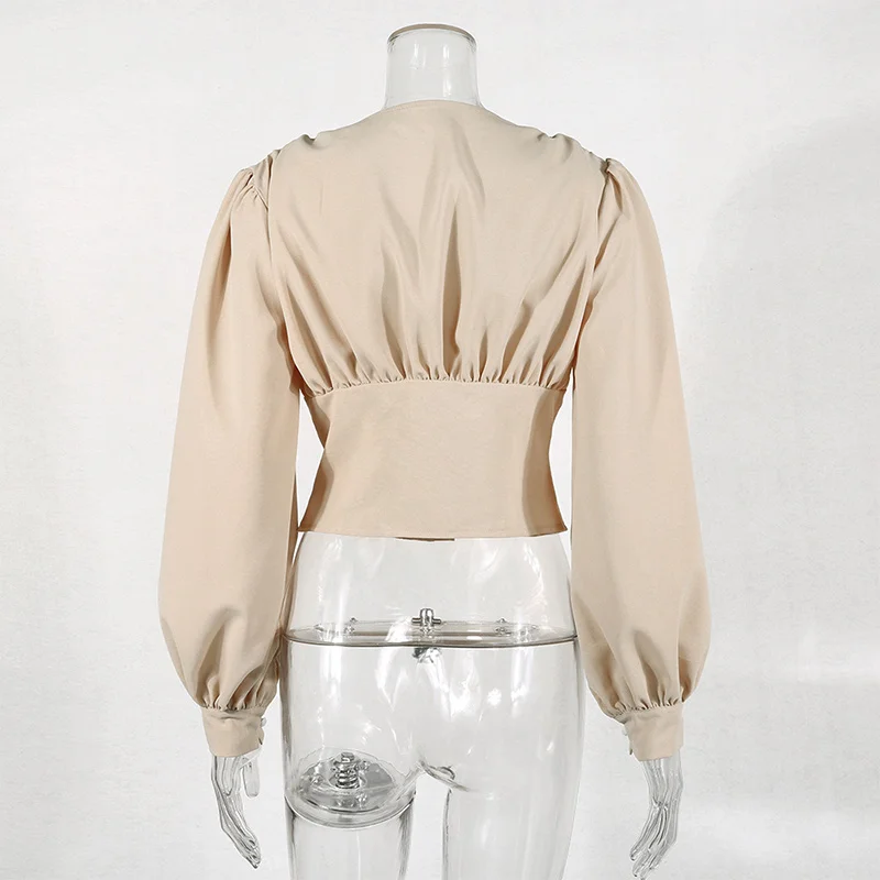 

Lantern Sleeve V Neck Womens Blouse Spring Summer Crop Tops Female 2020 Fashion Elegant Blouses Women Black Long Sleeve Clothing