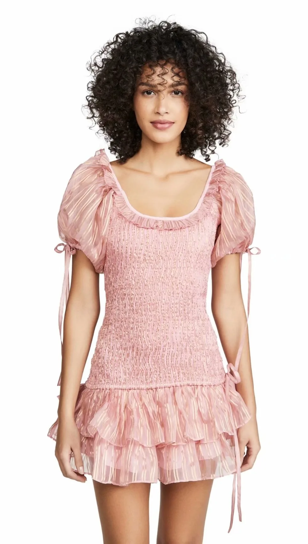 Linjiashop Loveshackfancy autumn pink dress short sleeve vintage slim special chiffon ruffles mini dress dropshipping