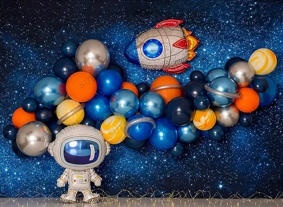 

Space Theme Backdrop Astronaut Rocket Planet Galaxy Balloons Kids 1st Cake Smash Birthday Photography Background Photo Studio