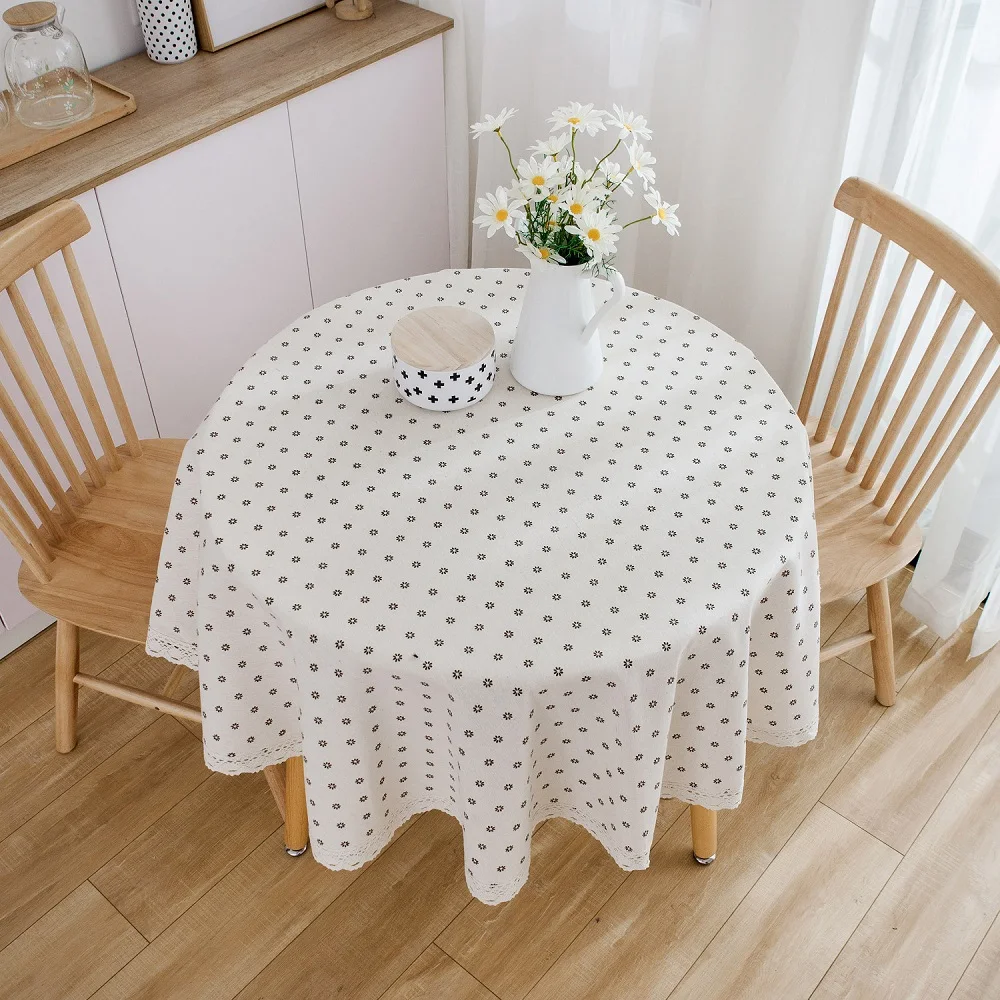 

Linen Cotton Daisy Flower Pattern Tablecloth Romantic Pastoral Lace Edge 150cm Round Table Cover Cloth Home Kitchen Decoration