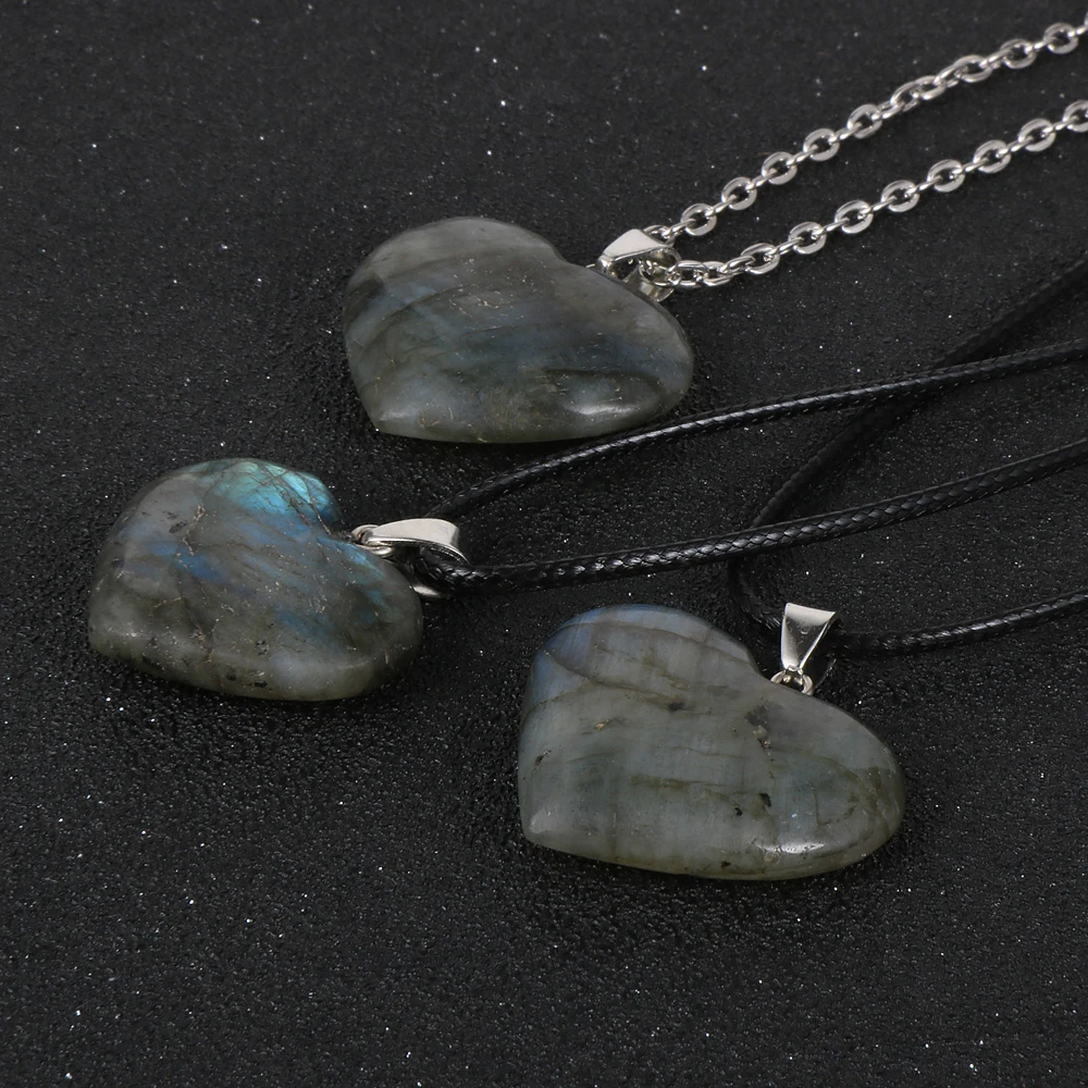 

Women Natural Stone Moonstone Labradorite Necklace Jewelry Valentine's Love Heart Pendant Choker Clavicle Waxed Cord/Metal Chain