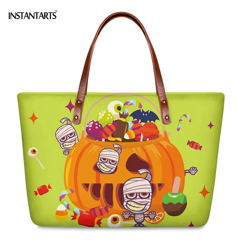 

Женская большая сумка INSTANTARTS с принтом в виде черепа и тыквы, повседневная портативная Сумочка с ручками сверху, модный саквояж на плечо для ...