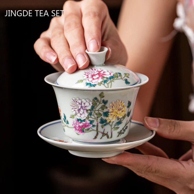 

Retro Ceramic Gaiwan Teacup Hand Painted Flower Pattern Travel Tea Bowl Chinese Porcelain Teaware Drinkware Personal Cup 150ml