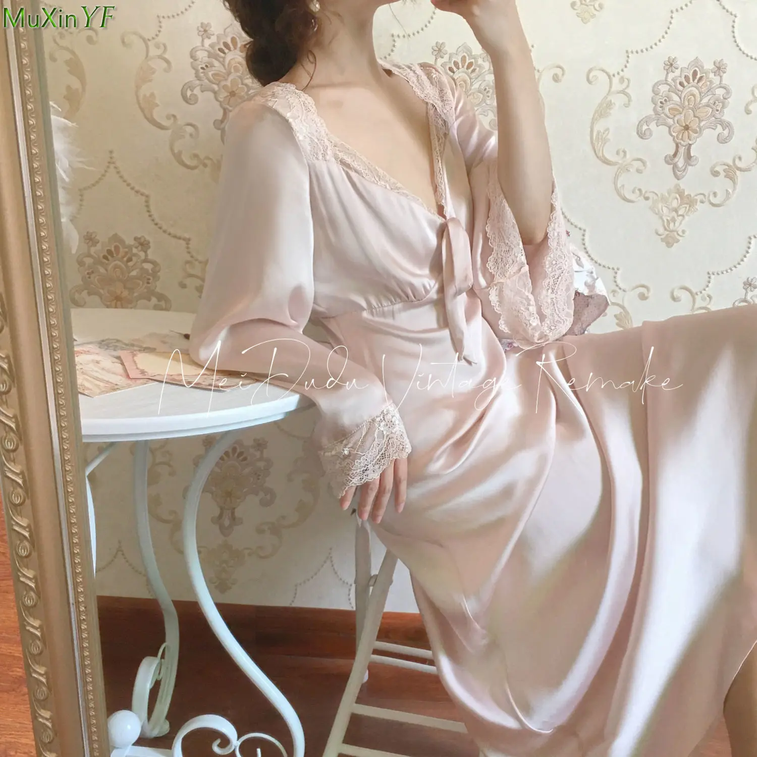 Summer Nightdress Women's Hollow Deep V Satin Lace Nightgown  2021 New Sexy Lingerie Dress Female Elegant Pajamas Nightie