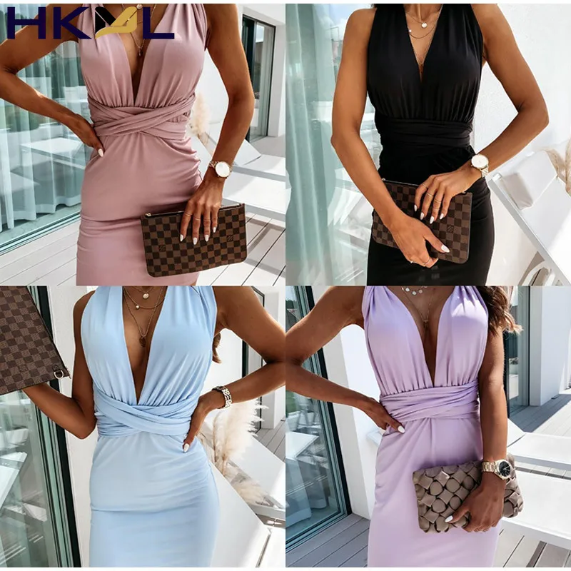 

2021 New Women Dresses Lace Up Solid Bandage Deep V Backless Elegant Sexy Party Summer Dresses