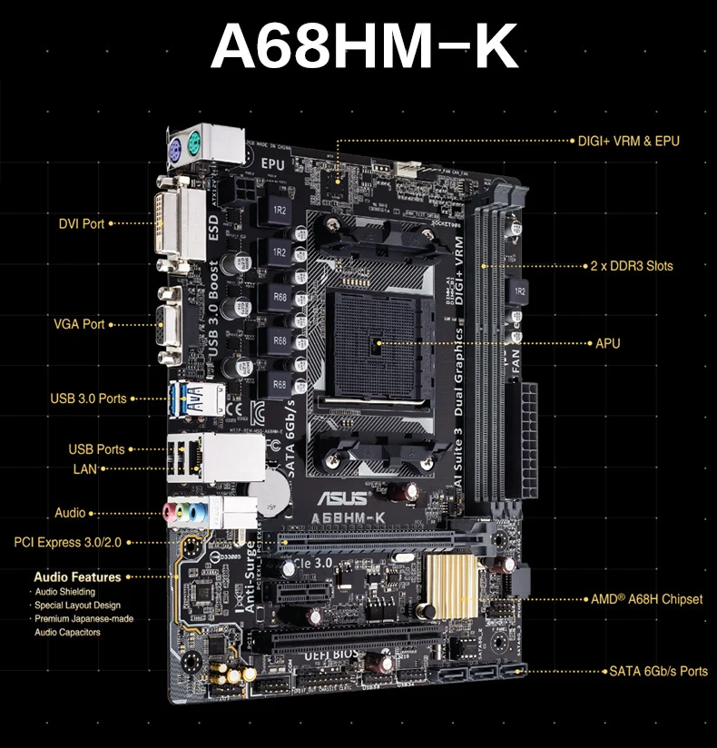 ASUS материнская плата Совершенно новый оригинал A68HM K amd разъем FM2 + Athlon 2xDDR3 4xsata ssd DVI