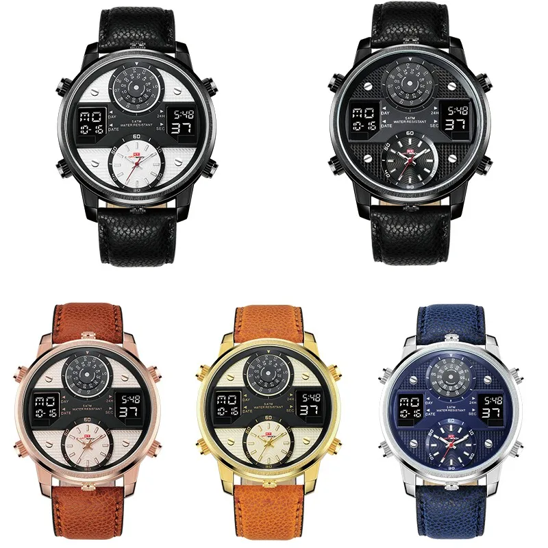 Мужские спортивные часы роскошные кожаные водонепроницаемые цифровые с большим