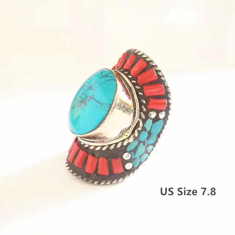 E. size 7.8 Тибетские кольца Непальские винтажные большие кольца медные инкрустированные Имитация бирюзы Большие размеры для мужчин осень R009 - Цвет основного камня: E. size 7.8