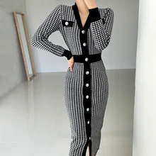 Vestido de una pieza con cuello en V para mujer, prenda de punto de manga larga, diseño de pájaro, elegante, Coreano (2)