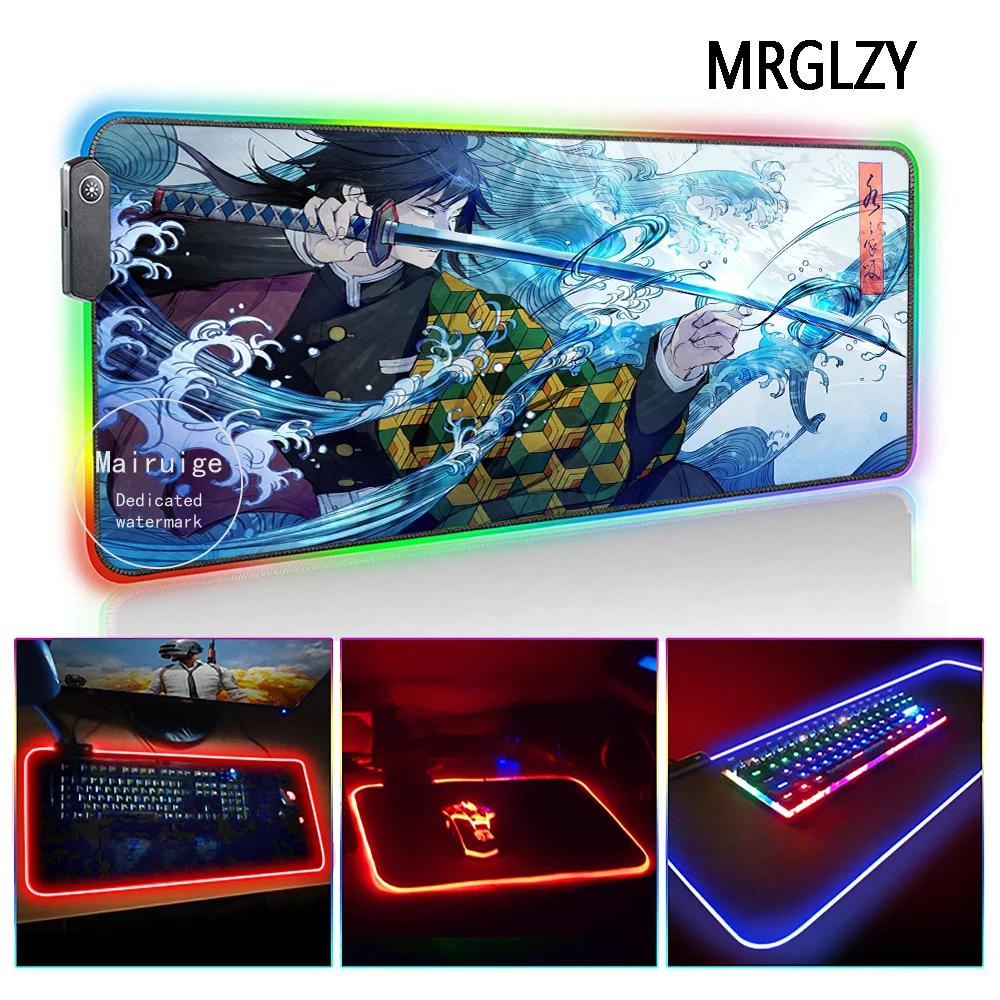 Большой игровой коврик для мыши MRGLZY Anime Kimetsu no Yaiba Tomioka Giyuu со светодиодный светильник кой RGB, игровые аксессуары для клавиатуры ноутбука