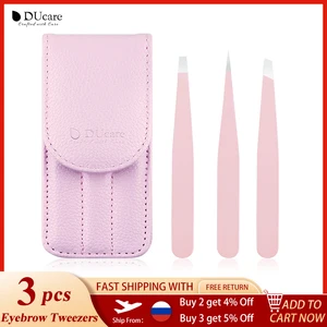 Набор пинцетов для бровей DUcare, 3 шт., плоский наконечник из нержавеющей сталиНаклонный наконечникзаостренный наконечник, пинцет для удаления волос с глаз в розовой сумке