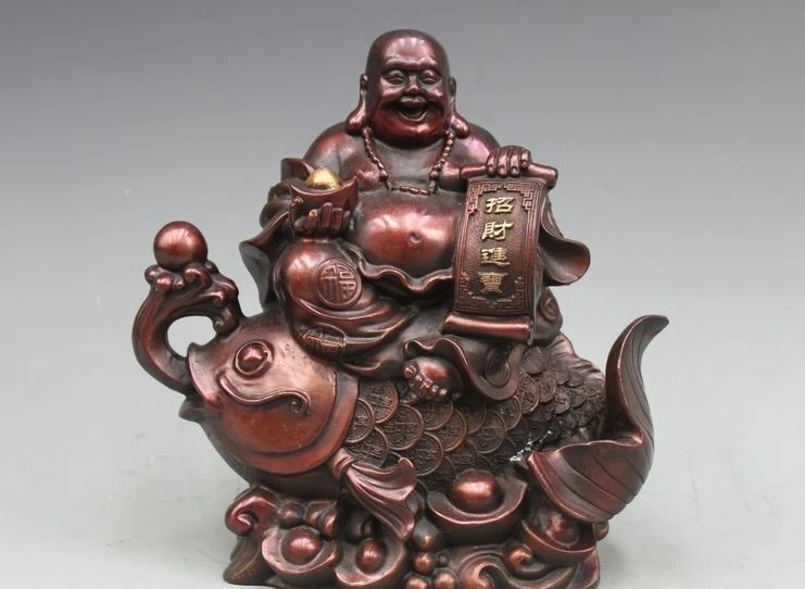 Китайская красная бронза Yuan Bao Maitreya Будда езда рыбы привлекают богатство статуя a