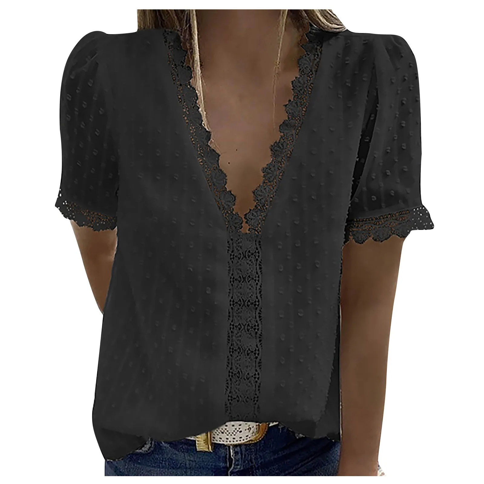 

Sexy Shirt Tops Lace V-neck Short Sleeves Blouses and Tops Plus Size Summer Tunic Top Solid Color Ladies Shirt Embroidery Shirts