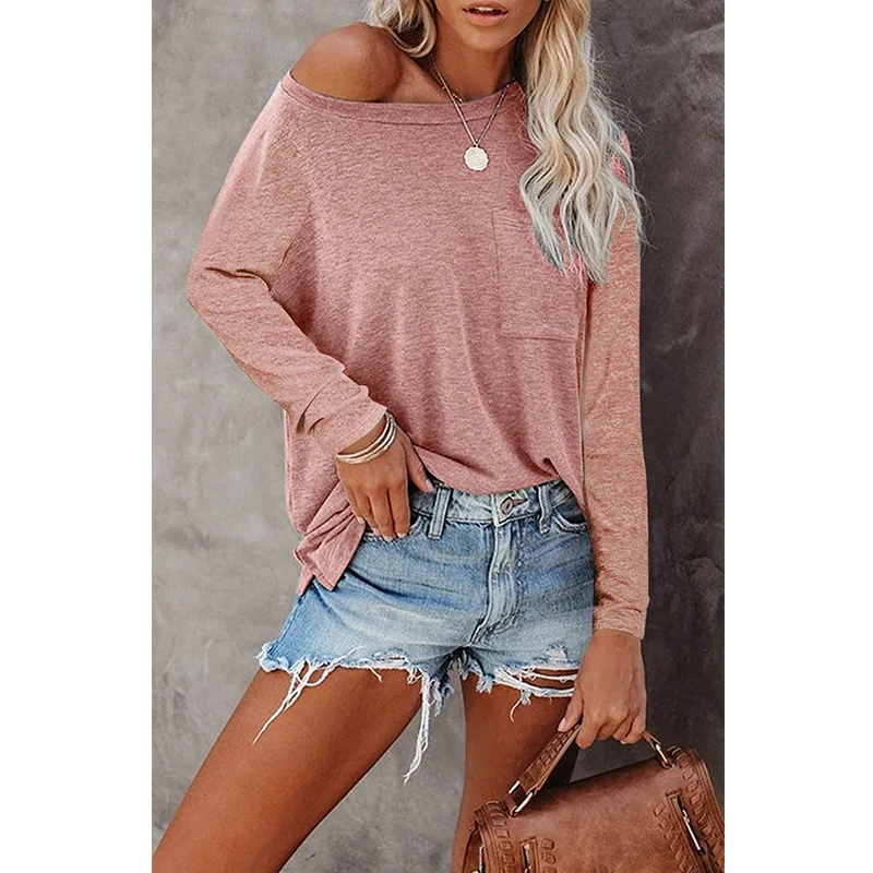 

2021 Spring Autumn Women Leisure Loose Top Solid Color Round Neck Long Sleeve T-Shirt Breathable Comfy T-Shirts Outerwear