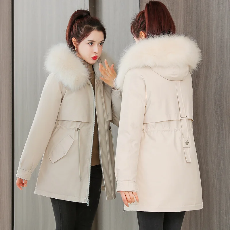 

New Cotton Liner Parker Parka Fashion Adjustable Waist Fur Collar Winter Jacket Women Medium Long Hooded Parka Coat