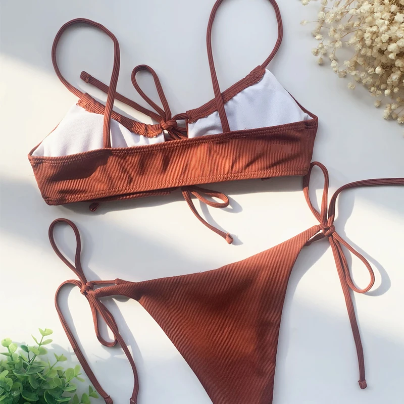 

2021 Bandage Swimsuit Hollow Out Swimwear Solid Bikini Women Thong Low Waist Biquini Summer Bathing Suit Women Beachwear Swim