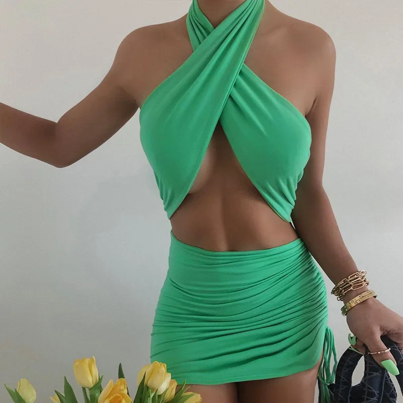 

2021 New Fashion Criss Halter Cut-Out Bandage Sexy Mini Dress Bodycon Sleeveless Summer Bodycon Dresses Ruched Party Club