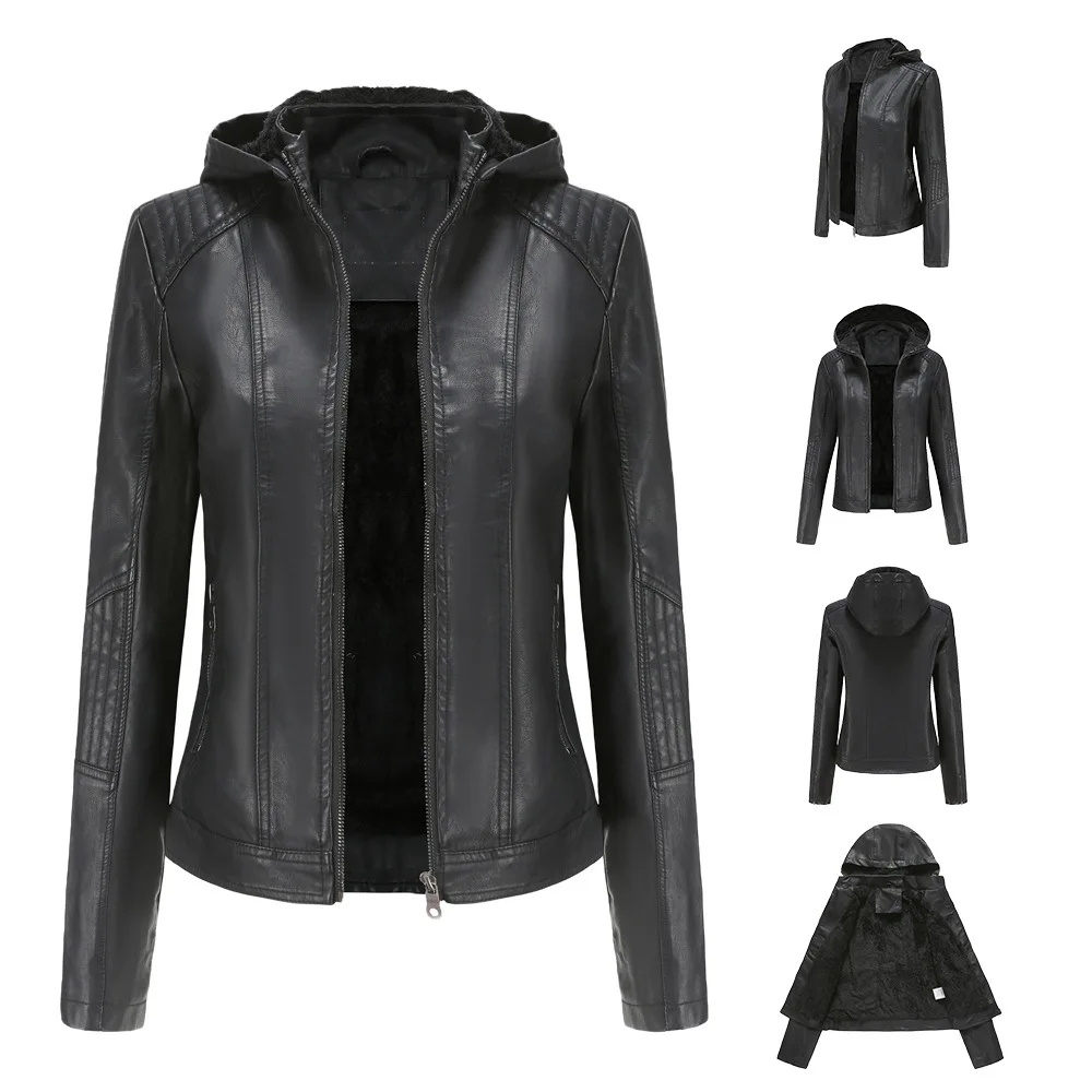 2021 new European and American autumn and winter leather jacket detachable Hat Women's plush leather coat