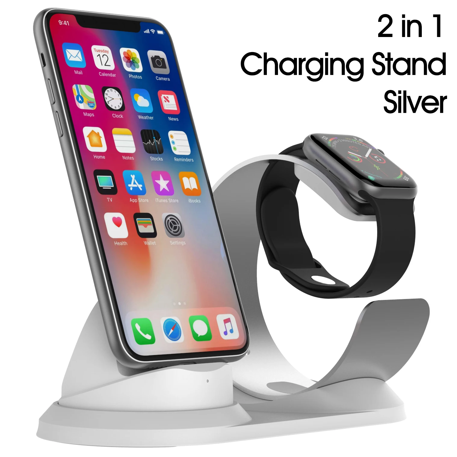 2 in 1 Stand-Silver 2 в 1 Зарядная подставка для iPhone11Pro X XR XS Max 8 7 6 Apple Watch Зарядное устройство Док-станция Держатель для iWatch крепление подставка зарядная станция - Цвет: 2 in 1 Stand-Silver
