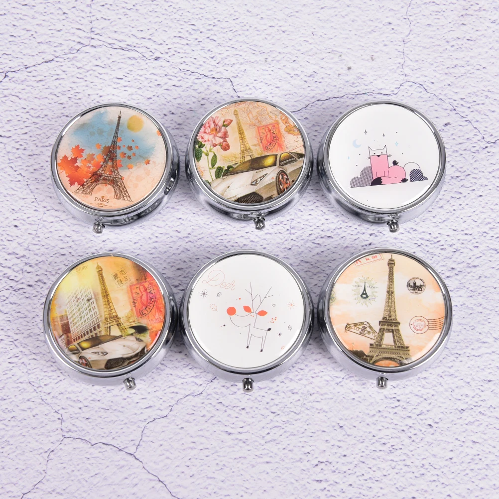 

1PCS Cute Portable Flower Print Organizer Metal Round Compartment Pill Storage Divid Storage Tablet Container Medicine Supply