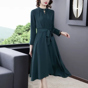 2021 New Autumn Winter Korean Style Temperament Dress Ladies Slim Waist Lace-Up Mid-Length Dresses Office Lady Dresses Vestidos