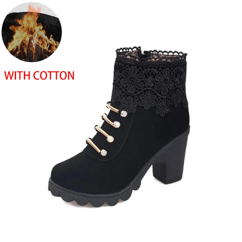 black cotton MCCKLE/женские ботильоны на платформе с кружевом и кристаллами; сезон осень; женская модная обувь на высоком квадратном каблуке с металлической молнией - Цвет: black cotton