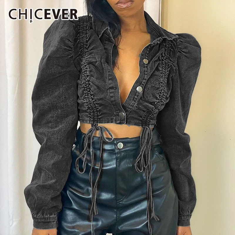 

Женская однотонная джинсовая куртка CHICEVER, повседневная однобортная свободная короткая куртка с лацканами и длинным рукавом, весна 2021