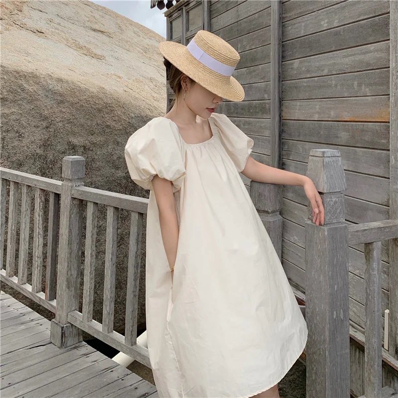 

Elegant Backless Pearl Lace-up Sweet Gentle Dress French Style Square Collar Puff Sleeve Dress
