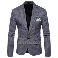 landuxiu gray plaid blazer high quality british style mens business wedding slim jacket fit fashion mens clothing