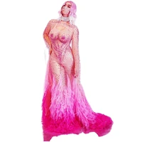 pink feather sexy costume halter fringe long dress long sleeve mesh dress nightclub party singer performance stage wear women