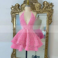 sexy pink sequisn short prom celebrity dresses 2022 halter backless african black girl party graduation gown robe de soiree