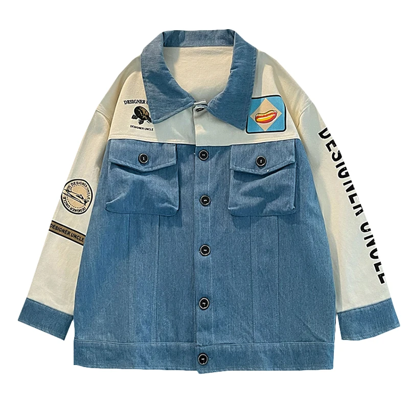 

New Autumn Denim Jacket Women Streetwear Loose Coats Cartoon Print Casual Straight Pockets Single Breasted Cowboy Man Female