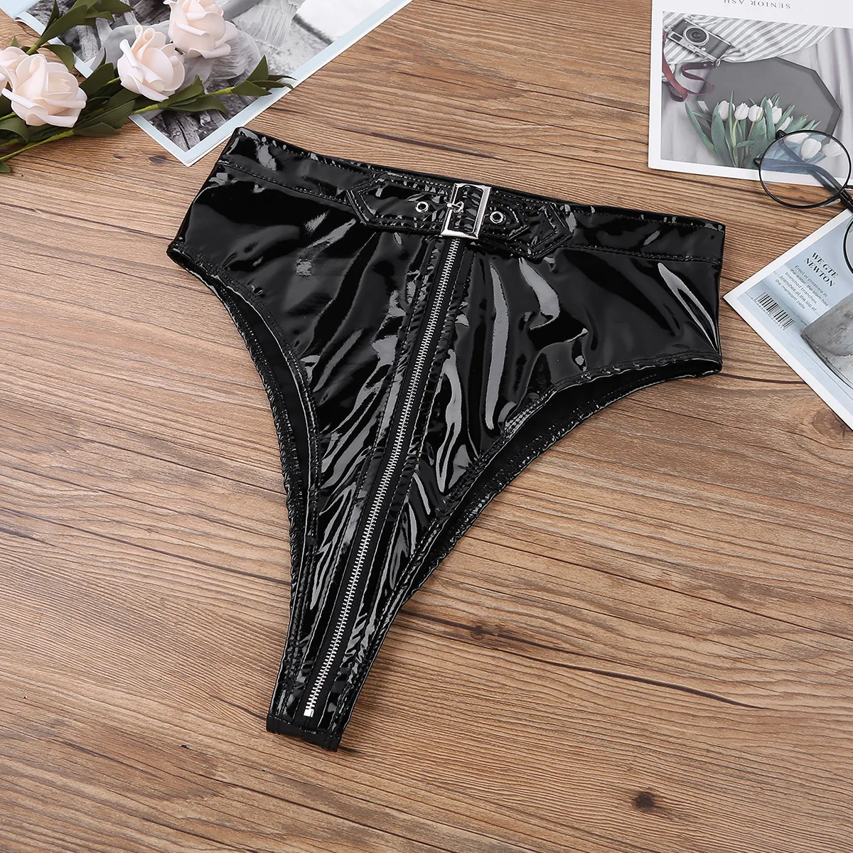 Women Wetlook Sexy Lingerie Panties Bikini Briefs Porno Underwear High Cut Zipper with Belt Lady G-String Club Pole Dance Wear |