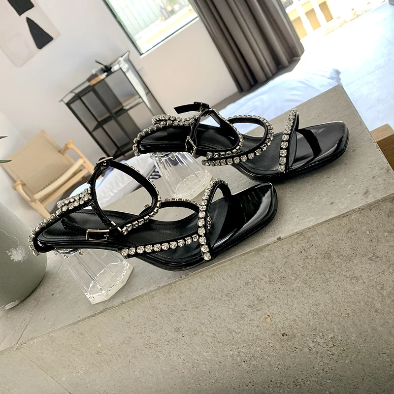

2021 New Open-toed Thick-heeled Roman Shoes Summer Genuine Leather Rhinestone Word with High Heel Sandals Female Fairy Style