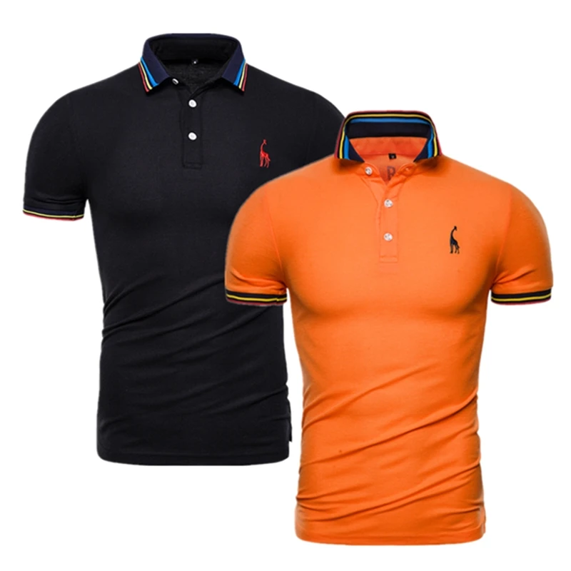 orange-black Фирменное Качество, 2 шт./лот, Мужская однотонная приталенная рубашка поло с вышитым оленем, Мужская Повседневная деловая рубашка поло, мужские топы с жирафом - Цвет: orange-black