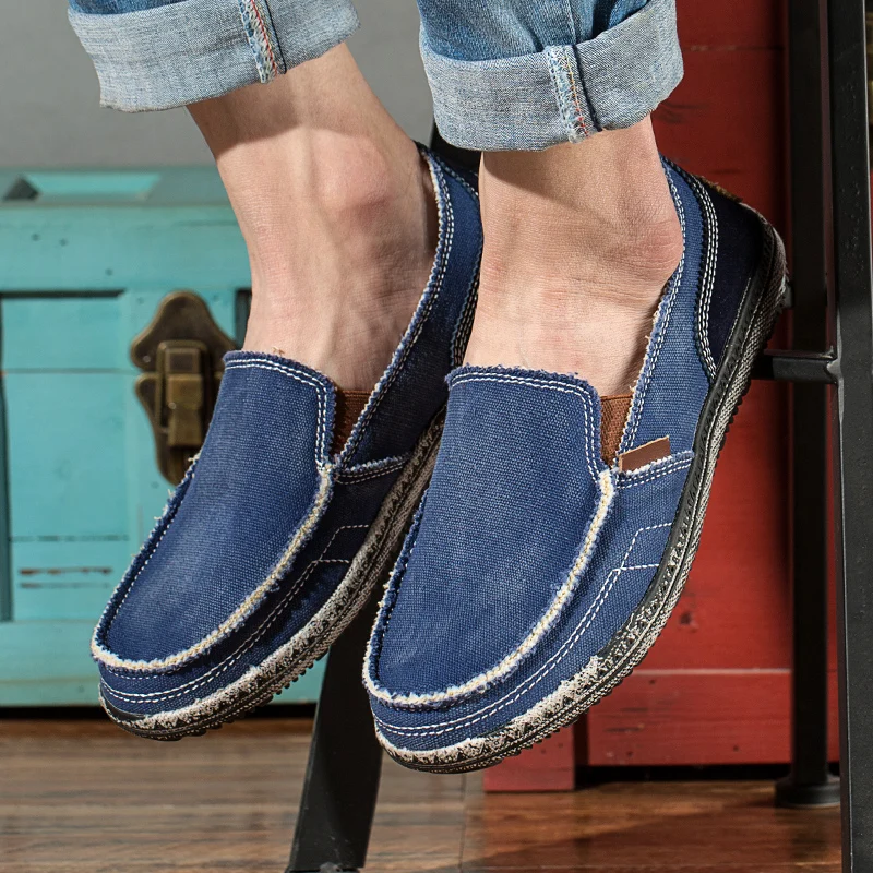 YEINSHAARS Men Classic Canvas Shoes Casual Sneakers Men's Lazy Moccasin Slip On Loafer Washed Denim Flat | Обувь